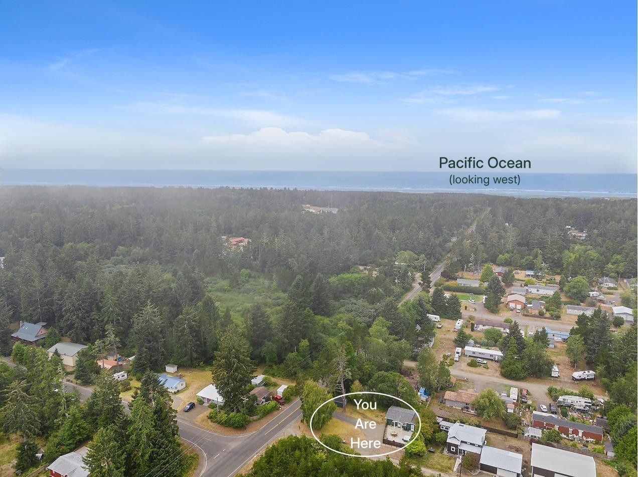 Looking west from above the cottage, circled, to the Pacific Ocean