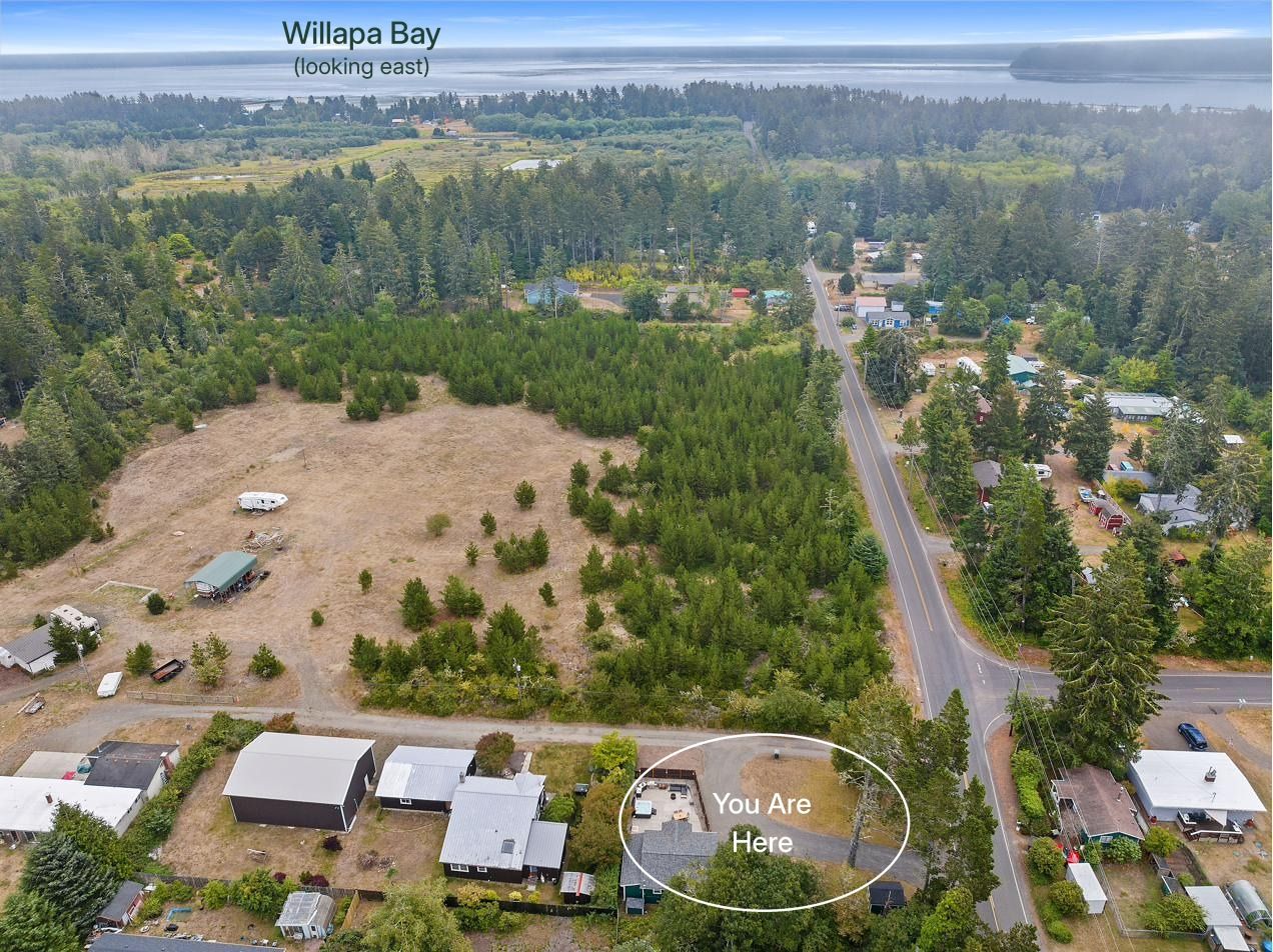 Looking east from above the cottage, circled, to Willapa Bay
