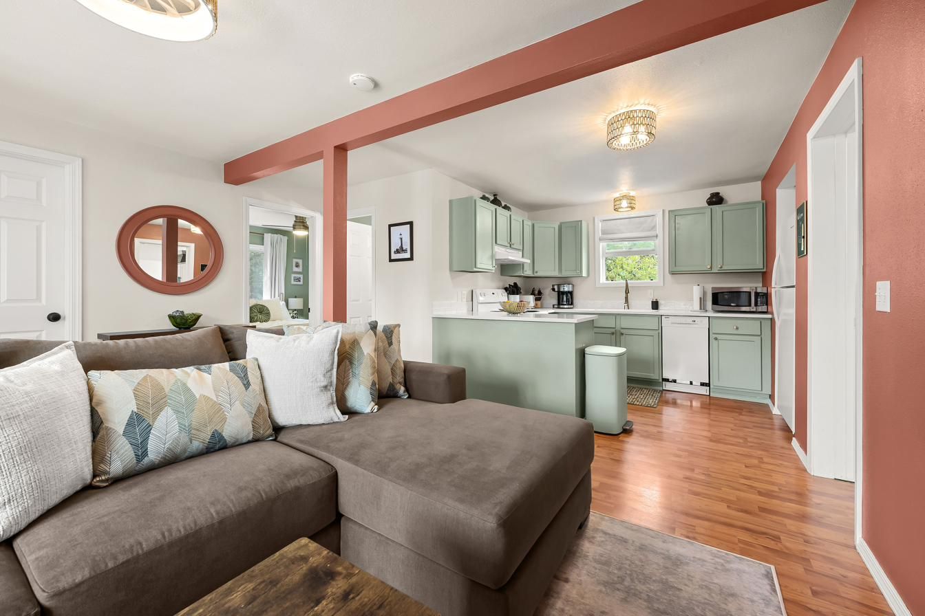 Living room sectional with the kitchen behind it